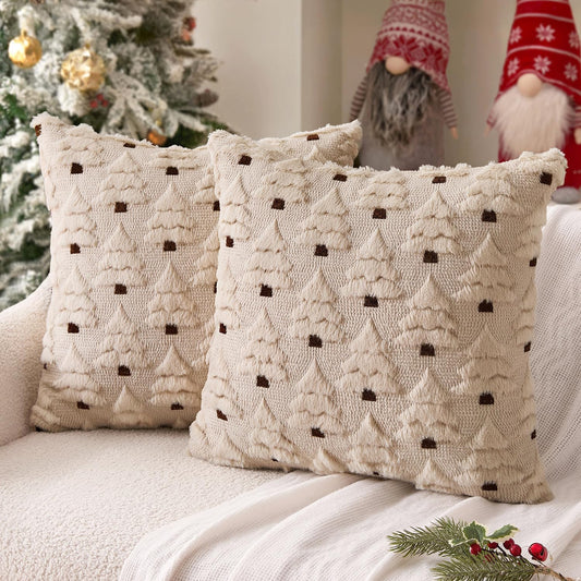 Christmas Tree Decorative Pillow Covers Faux Fur Wool Throw Pillows Soft Plush Cushion Covers Set of 2 Xmas Home Decor Winter Holiday for Sofa Couch Livingroom Bed 18X18 Inch Beige