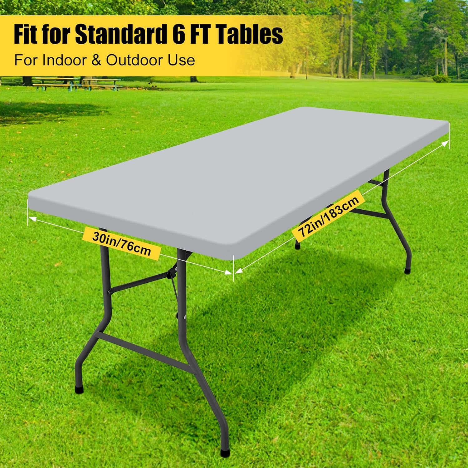 Elastic Fitted Flannel-Backed Vinyl Tablecloth for 6ft Folding Tables, Waterproof and Wipeable, Ideal for Indoor and Outdoor Use (Light Grey, 30" x 72")