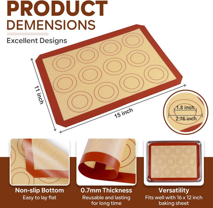 15 Inch Silicone Baking Mats, 2 Pcs Reusable Silicone Oven Mat, Non Stick Baking Supplies for Macaroon Pastry Bread Dough Cookie, Fits Well with Sheet Pan, Healthy & Easy Clean