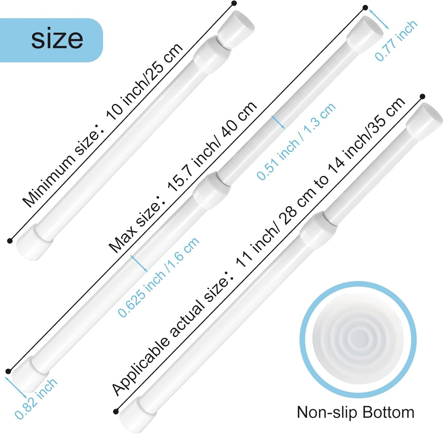 Spring Tension Rod,  Small Tension Rod, 5/8" Diameter No Drilling Expandable Short Tension Rods Spring Rods, Tension Rods for Closet, Cupboard, Hanging Clothes, White, 2 Pack (10-15.7 Inch)