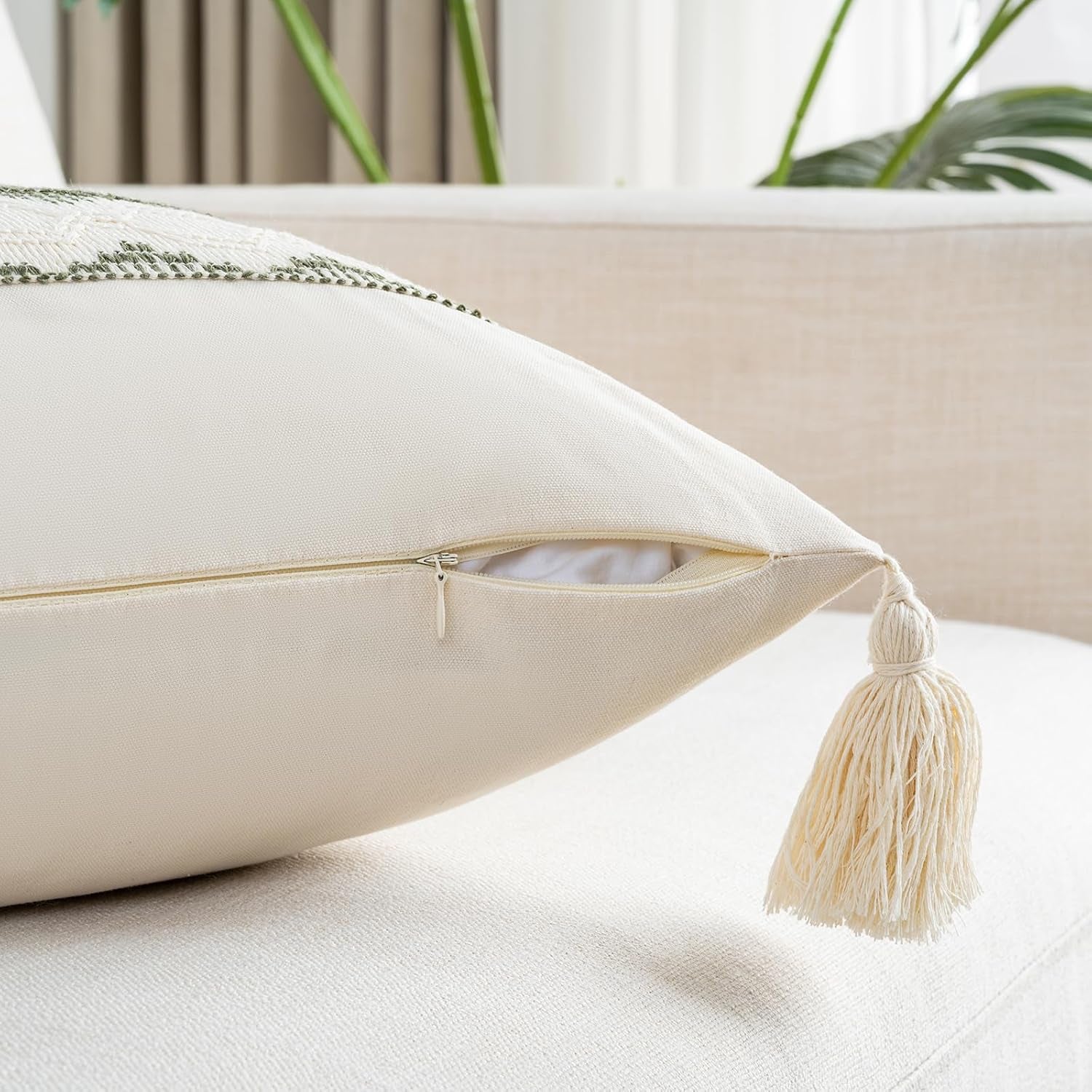 Set of 2 Boho Olive Green Lumbar Decorative Throw Pillow Cover 12X20 Inch for Couch Bed Sofa Chair, Modern Organic Farmhouse Home Decor, Soft Cute Accent Rectangle Cushion Case with Tassels