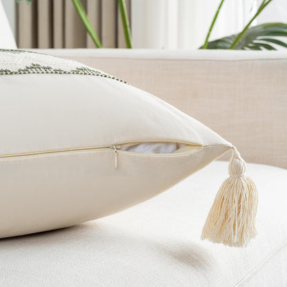 Set of 2 Boho Olive Green Lumbar Decorative Throw Pillow Cover 12X20 Inch for Couch Bed Sofa Chair, Modern Organic Farmhouse Home Decor, Soft Cute Accent Rectangle Cushion Case with Tassels