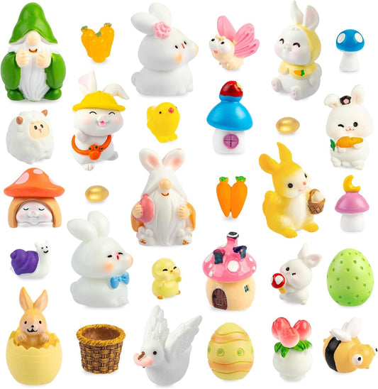 Mini Easter Rabbit Figurines Easter Bunny Rabbit Gnomes Figures to Hide Tiny Resin Animal Miniatures Carrots for Egg Stuffers Gift Fairy Garden Cake Topper Decor