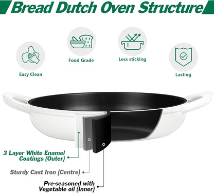 Dutch Oven for Bread Baking, 5.5 Quart Enameled Cast Iron Bread Oven with Lid, round Bread Pan for Homemade Sourdough Baking, Easy to Clean & Dome Lid, White