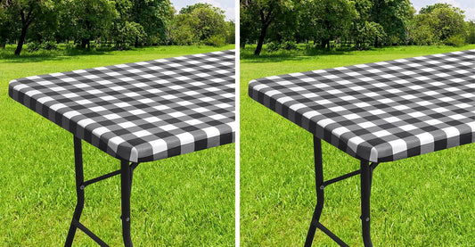 Waterproof Fitted Vinyl Tablecloth, Buffalo Plaid 6FT Table Cover and 4FT in Black and White, 2 Item Bundle