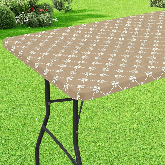 Rectangle Vinyl Table Cloth, Elastic Fitted Tablecloth with Flannel Backing, Waterproof Plastic Table Cover Fits 6 Foot Folding Tables for Camping, Indoor and Outdoor (Khaki, 30" X 72")