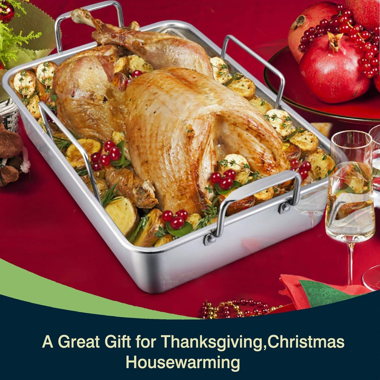 16" Roaster Roasting Pan with Baking Rack and V-Shaped Rack, Stainless Steel Rectangular Lasagna Pan with Handles for Turkey Chicken, Healthy & Dishwasher Safe, 3 Pieces, Silver