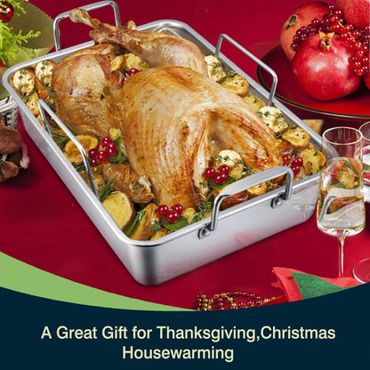 16" Roaster Roasting Pan with Baking Rack and V-Shaped Rack, Stainless Steel Rectangular Lasagna Pan with Handles for Turkey Chicken, Healthy & Dishwasher Safe, 3 Pieces, Silver