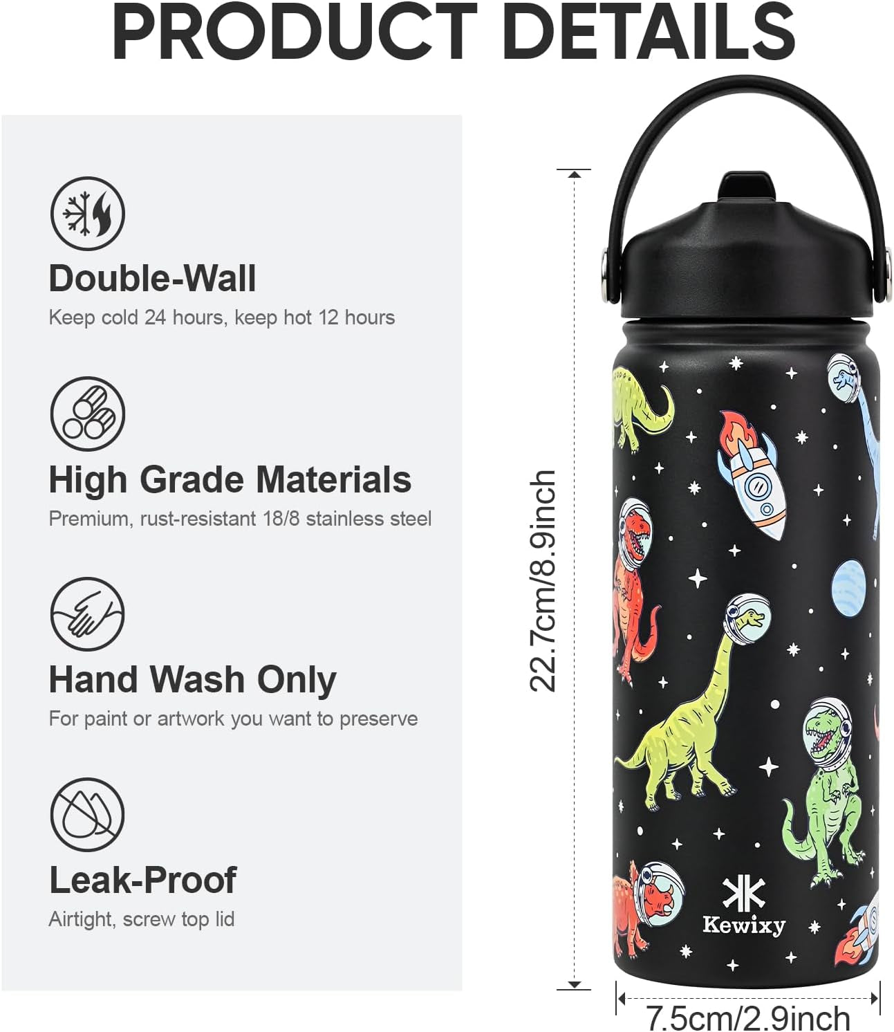18 Oz Stainless Steel Insulated Water Bottle with Flip Straw and Handle, Leak-Proof Design, Cup Holder Compatible, Reusable for Travel, Gym, and School (Dinosaur)