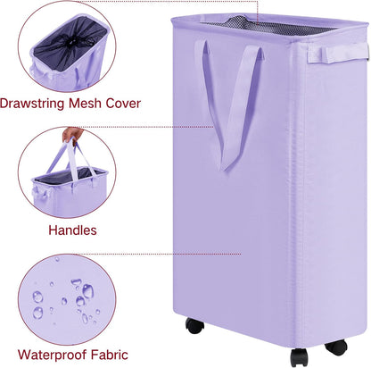 Slim Laundry Hamper with Wheels, Rolling Laundry Basket for Clothes, Small Laundry Basket for Bedroom, Dorm and Laundry Room, 60L (12.7 Gallons) Purple