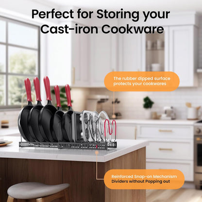 Expandable Pans and Pots Lid Organizer Rack for Cabinet - Rubber-Dipped Pan Organizer Rack for Kitchen Cabinet Organizers and Storage with 10 Adjustable Dividers and Anti-Scratch Strip