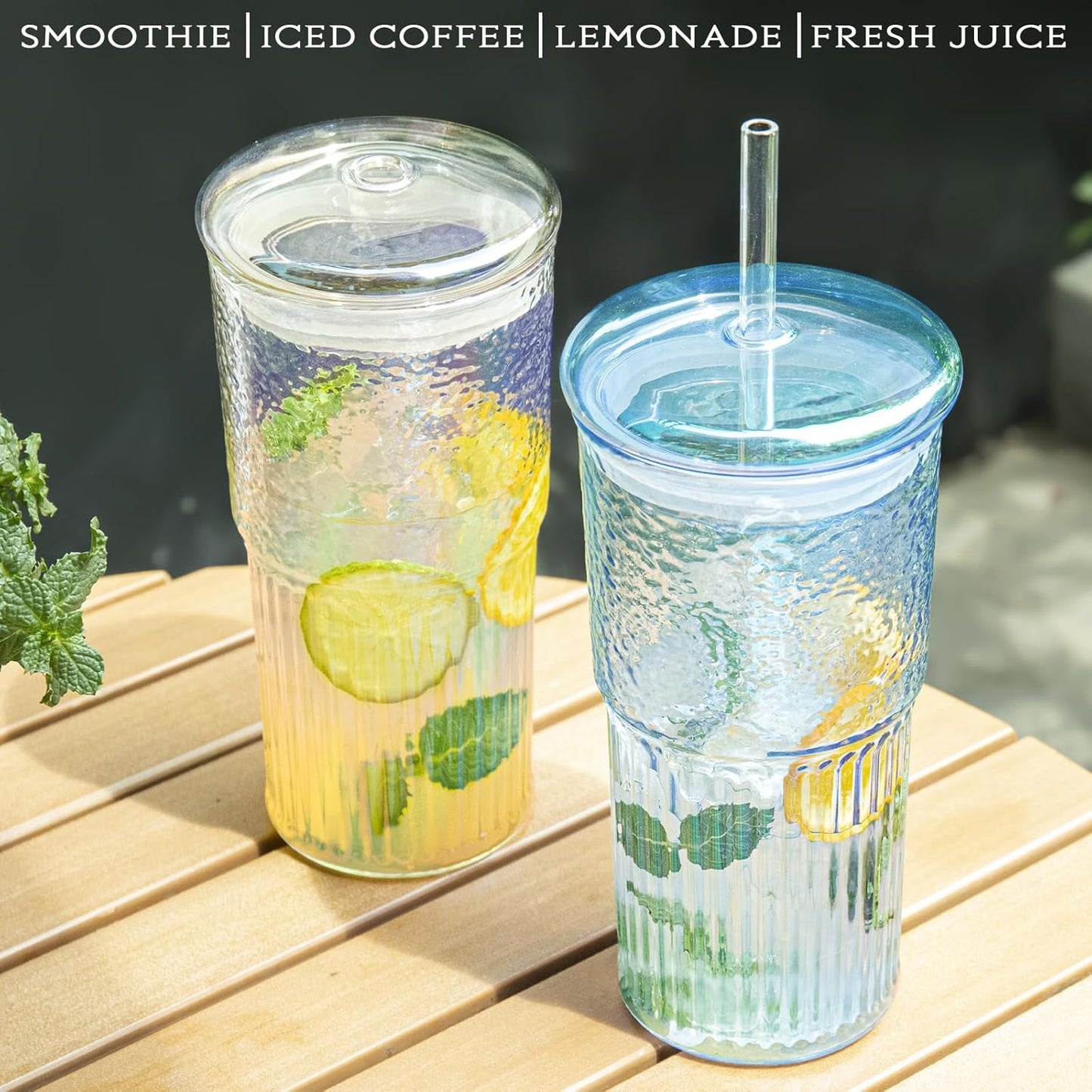 20Oz Glass Cups with Lids and Straws, 2 Pack High Borosilicate Iced Coffee Cups Drinking Glasses Tumbler for Smoothie, Water, Tea, Juice Drinks, Rainbow
