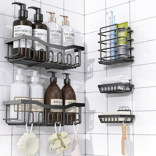 Shower Caddy 5 Pack, Adhesive Shower Organizer for Bathroom Storage, Rustproof Stainless Steel Bath Organizers, Shelves for inside Bathroom, Large Capacity, Home Decor Accessories, Black