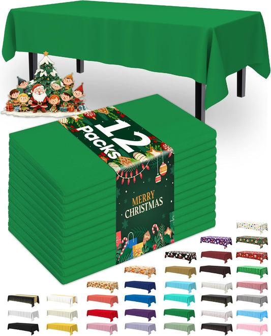 Plastic Table Cloth Disposable 12 Pack, 54 X 108 Inch Table Cloths, St Patricks Day, Christmas Decorations, Tablecloths, Rectangle, Forest, Emerald, Plastic Cover, Leakproof & Sturdy, Green