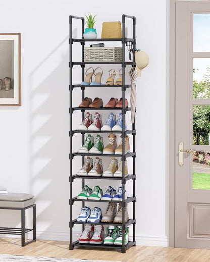 Shoe Rack - 10-Tier Shoe Organizer with Detachable Fabric Shelves & Metal Frame, Tall Shoe Rack for Closet, Entrance, Living Room, 16.9" X 11.8" X 68.5", Black