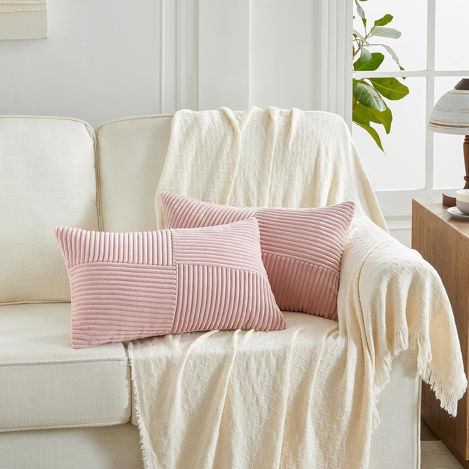 Set of 2 Blush Pink Boho Lumbar Rectangle Decorative Throw Pillow Covers 12X20 Inch with Diagonally Pattern for Couch Bed Sofa, Soft Corduroy Accent Modern Farmhouse Home Decor 30X50 Cm