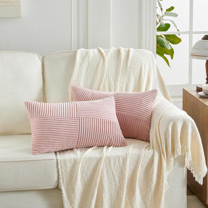 Set of 2 Blush Pink Boho Lumbar Rectangle Decorative Throw Pillow Covers 12X20 Inch with Diagonally Pattern for Couch Bed Sofa, Soft Corduroy Accent Modern Farmhouse Home Decor 30X50 Cm