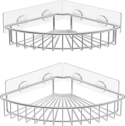 2-Pack Corner Shower Caddy, SUS304 Stainless Steel, Wall Mounted Bathroom Shelf with Adhesive, Storage Organizer for Toilet, Dorm and Kitchen (Silver)