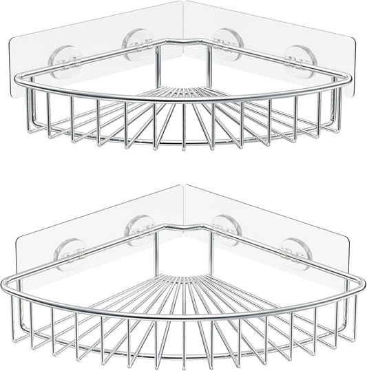 2-Pack Corner Shower Caddy, SUS304 Stainless Steel, Wall Mounted Bathroom Shelf with Adhesive, Storage Organizer for Toilet, Dorm and Kitchen (Silver)