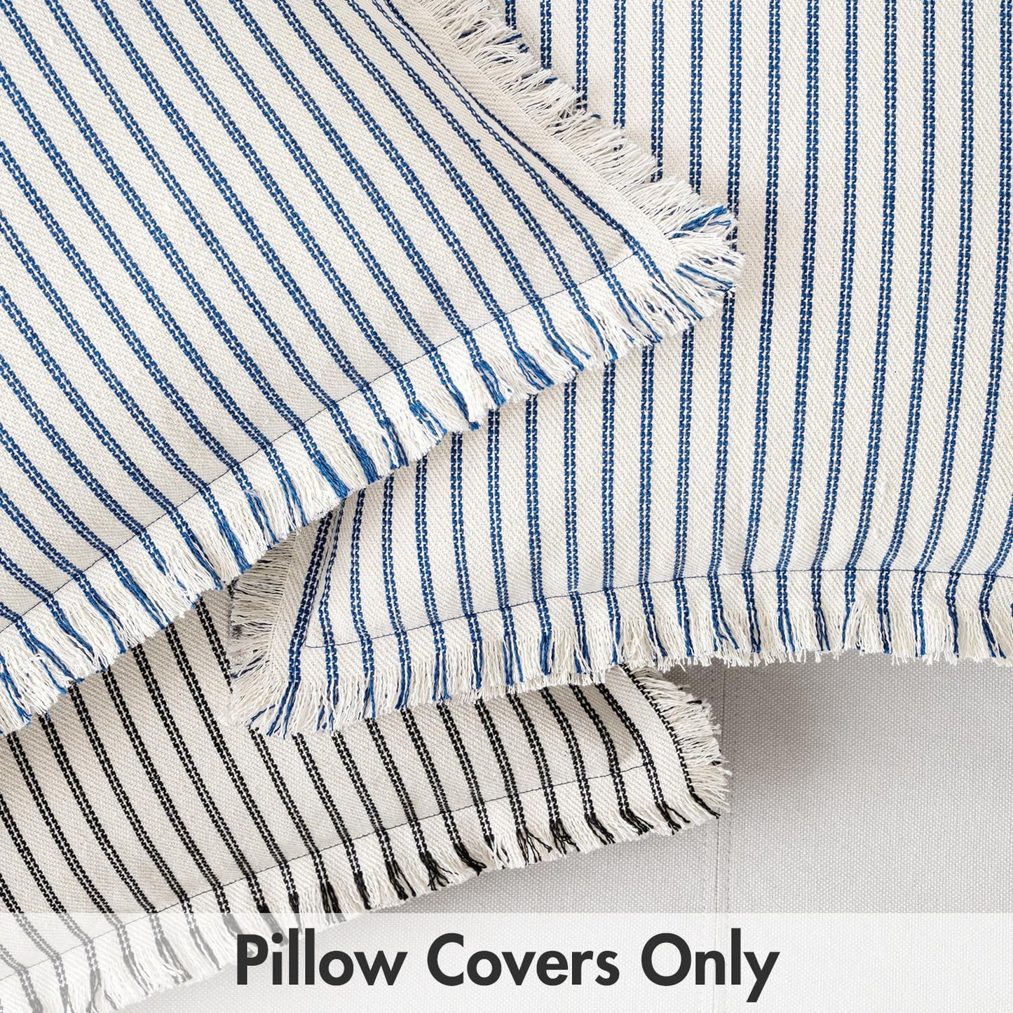 Pack of 2 Black Pillow Covers 20X20 Inch Striped Farmhouse Couch Throw Pillow Covers with Fringe Chic Linen Decorative Cushion Covers for Sofa Living Room Bed Outdoor Home Decor