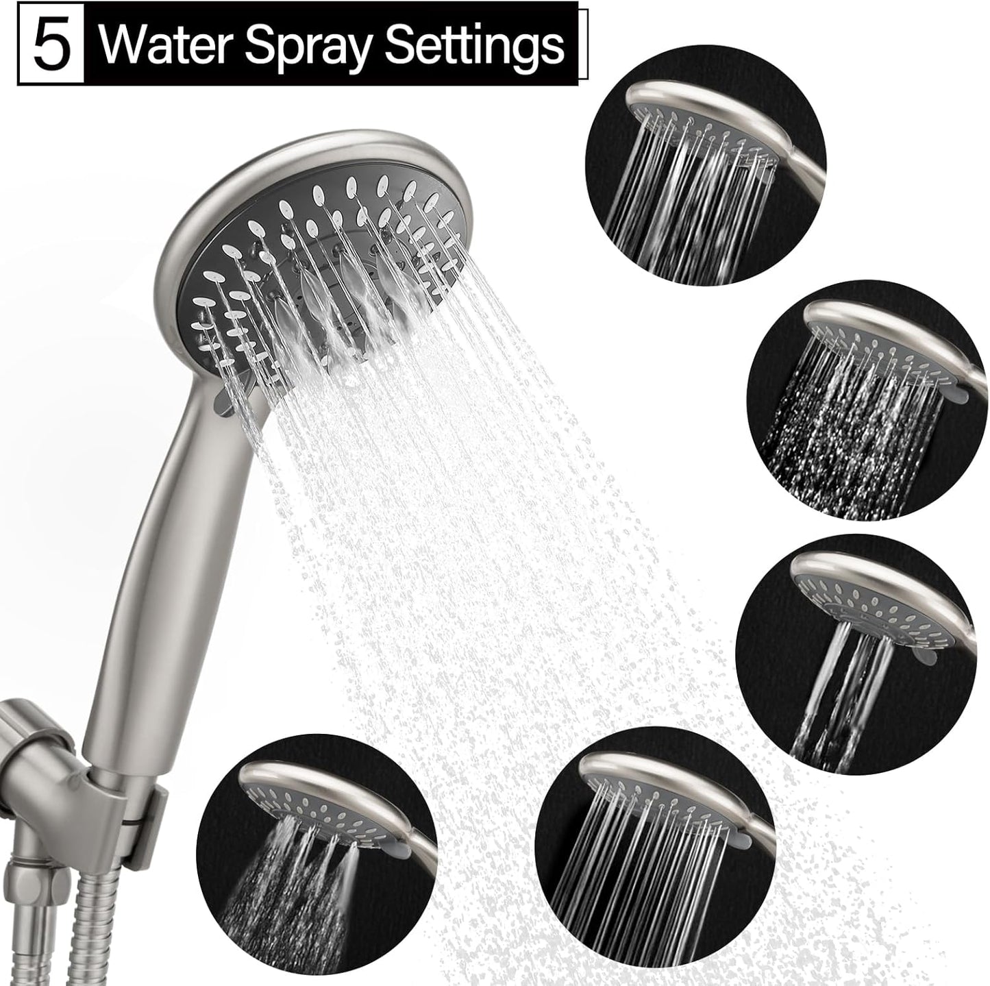 High-Pressure Handheld Shower Head with 5 Settings, 59-Inch Stainless Steel Hose and Bracket, Brushed Nickel Finish