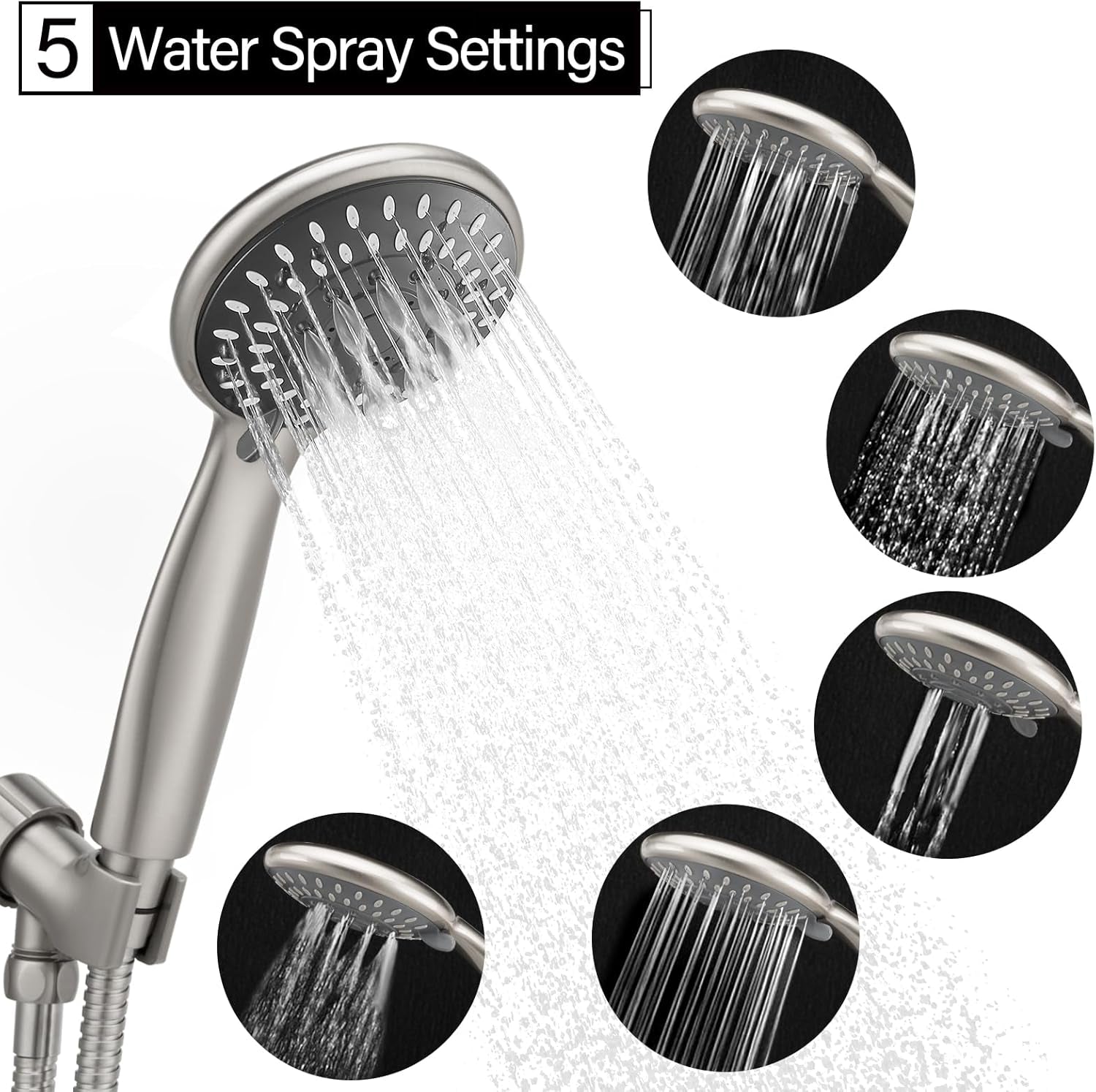 High-Pressure Handheld Shower Head with 5 Settings, 59-Inch Stainless Steel Hose and Bracket, Brushed Nickel Finish