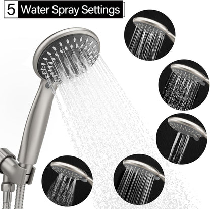 High-Pressure Handheld Shower Head with 5 Settings, 59-Inch Stainless Steel Hose and Bracket, Brushed Nickel Finish