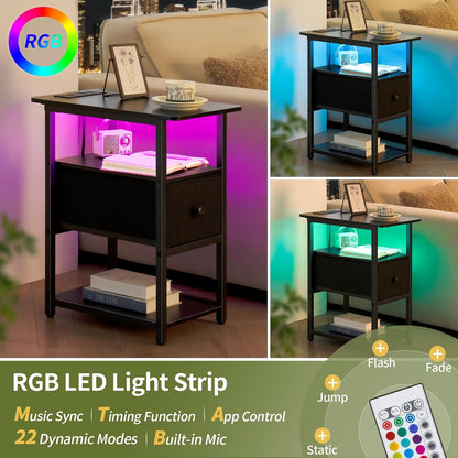End Table with Charging Station, Narrow Side Table with Adjustable Fabric Drawer, 3-Tier End Tables Living Room, Small Nightstand with Outlets, LED Skinny Night Stand for Bedroom Small Spaces