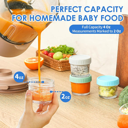 6-Pack Glass Baby Food Storage Containers - 4 oz Jars with Lids, Microwave and Dishwasher Safe, Freezer Safe, 100% Leak Proof, BPA Free, Reusable