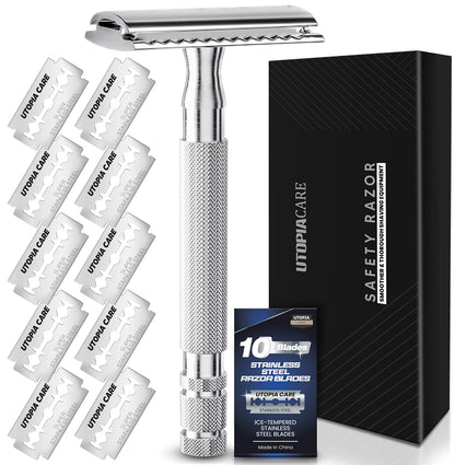 Double Edge Safety Razor for Men & Women with 10 Premium Stainless Steel Blade Refills, Reusable Single Blade Razor, Silver