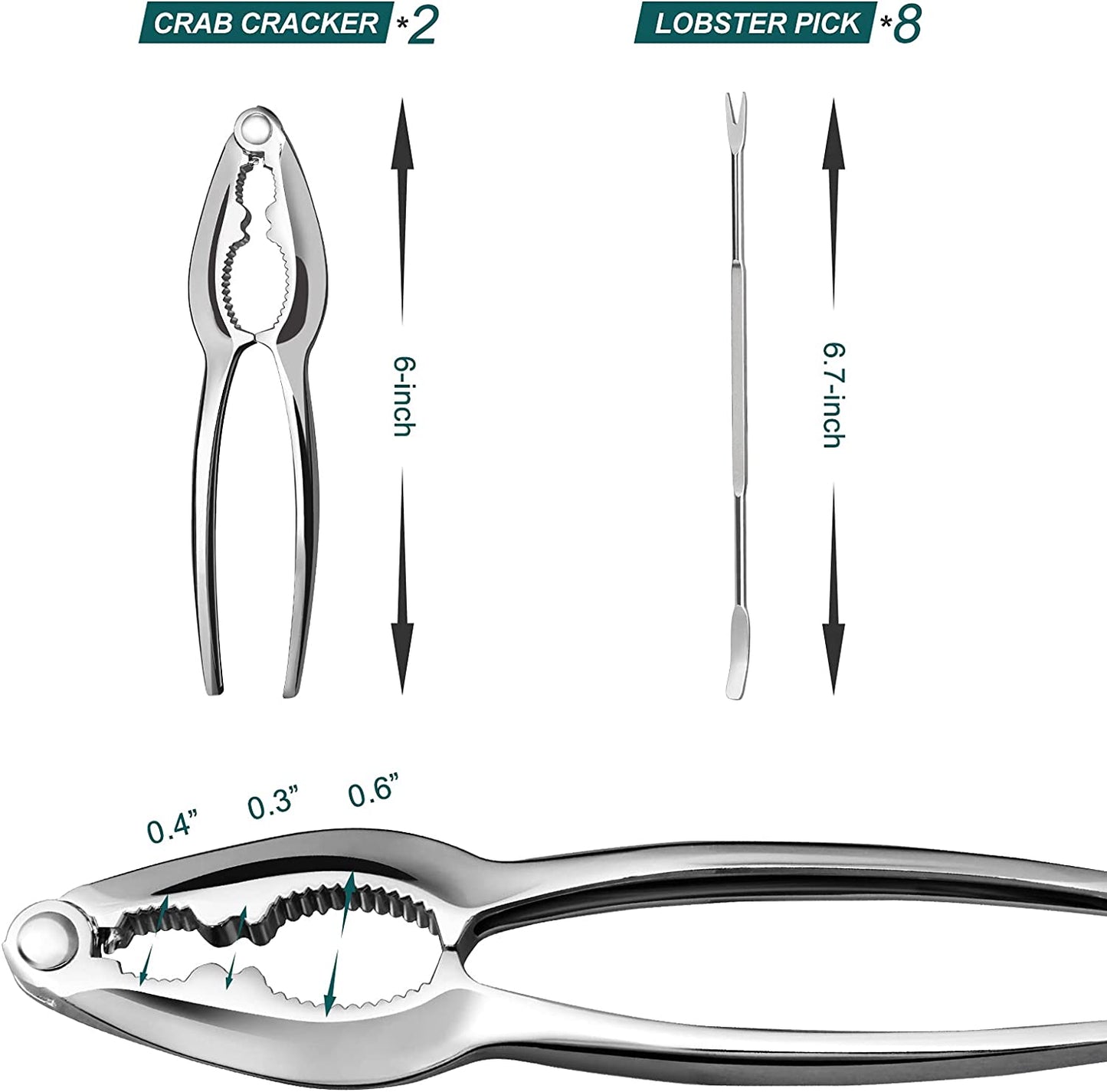 Lobster Crackers and Picks Set, 10-Piece Crab Leg Cracker Tools - Stainless Steel Seafood Crackers & Forks Nut Cracker Set - Dishwasher Safe