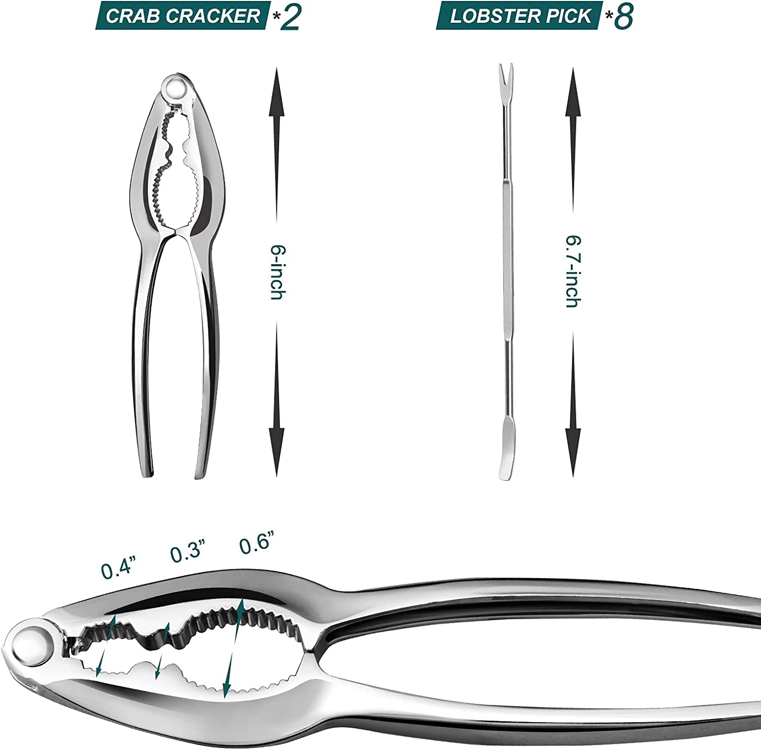 Lobster Crackers and Picks Set, 10-Piece Crab Leg Cracker Tools - Stainless Steel Seafood Crackers & Forks Nut Cracker Set - Dishwasher Safe
