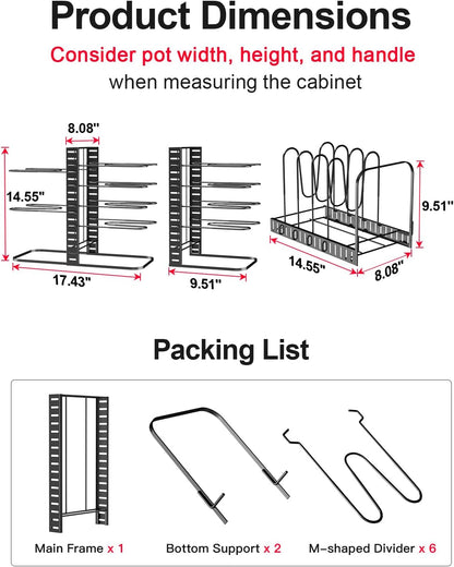 Pots and Pans Organizer Rack under Cabinet 14.55In Height, 8-Tier Kitchen Cabinet Organizers and Storage, Light-Duty Adjustable Pot Racks, Pan Organizers inside Cabinet with 3 DIY Methods