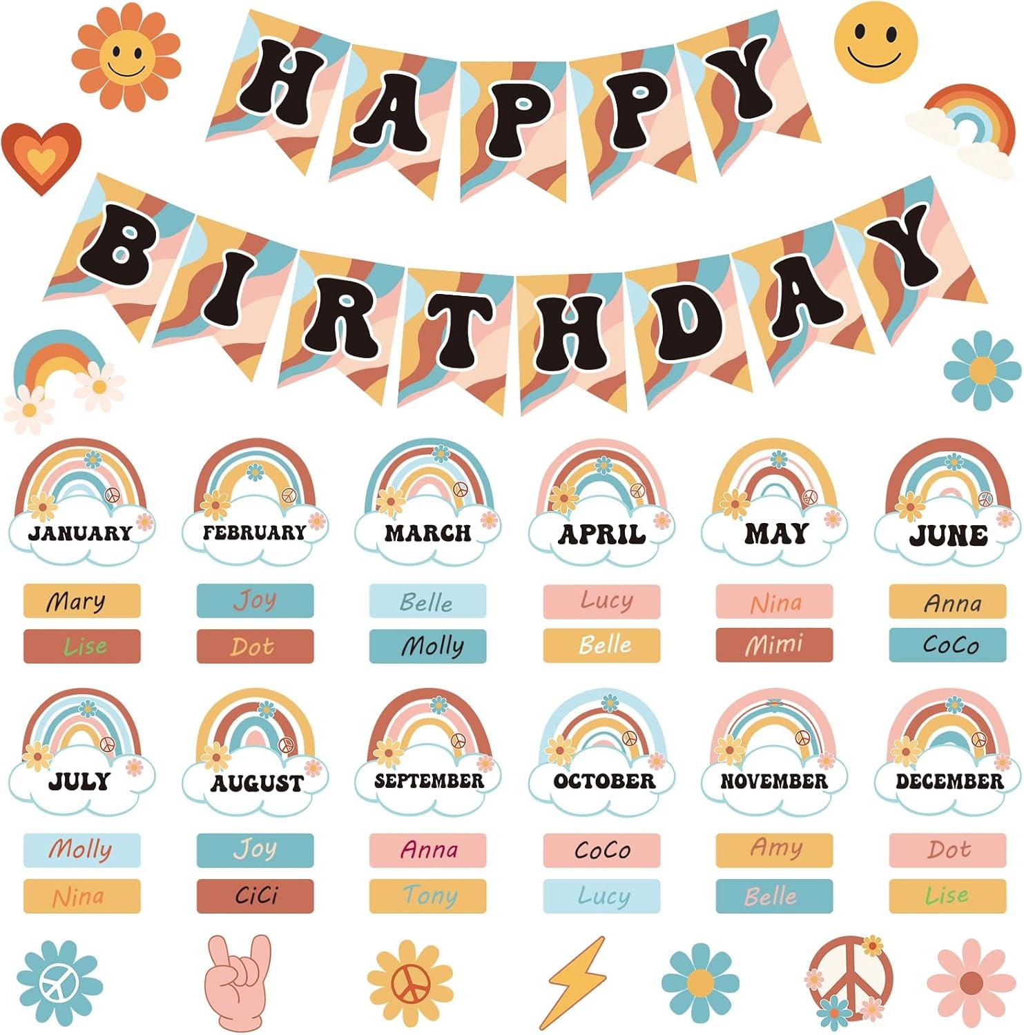 85Pcs Retro Classroom Happy Birthday Buletin Boards Set, Groovy Rainbow Theme Chart Calendar Posters with Glue Point for Kindergarten Prechool Wall Decorations