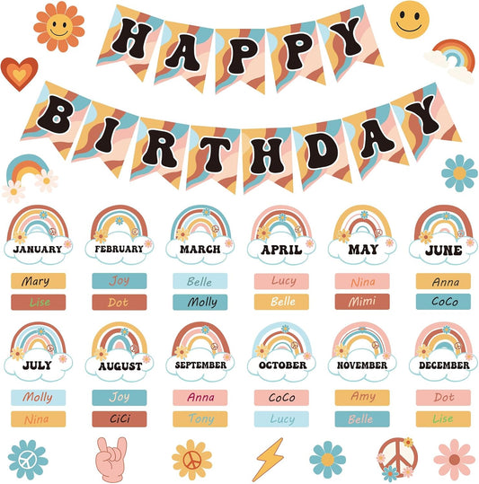 85Pcs Retro Classroom Happy Birthday Buletin Boards Set, Groovy Rainbow Theme Chart Calendar Posters with Glue Point for Kindergarten Prechool Wall Decorations