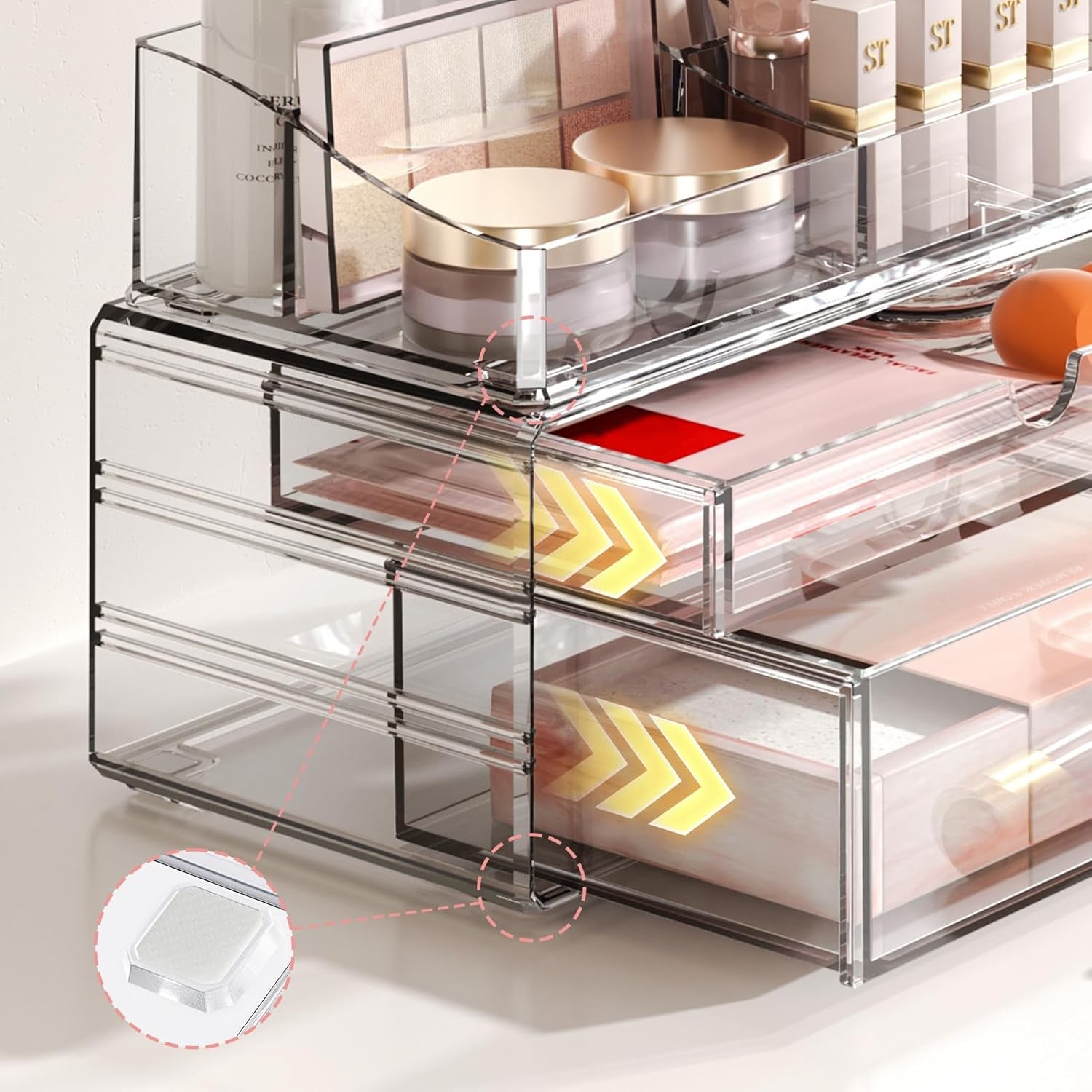 3-Tier Clear Makeup Organizer with Drawer, Acrylic Cosmetic Display Case for Makeup Vanity Bathroom Counter Organizers and Storage, Stackable Vanity Organizer for Brushes Lipsticks Skincare