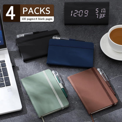 4 Pack Small Notebook Pocket Notebook, A6 Mini Leather Hardcover Journal, 3.7" X 5.7", 416 Pages Note Pads, Black, Green, Brown, Blue
