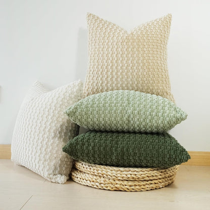 Pack of 4 Spring Decorative Throw Pillow Covers Farmhouse Boho Home Decor Striped Corduroy Square Pillowcases 18 X 18 Inch Green