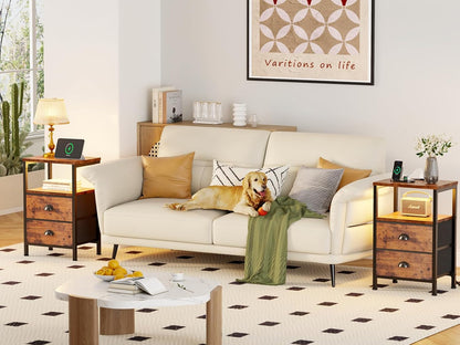 Nightstands Set of 2 Charging Station, End Tables with LED Lights, Nightstands with 2 Fabric Drawers and Shelves, Bedside Tables for Living Room/Bedroom,Rustic Brown