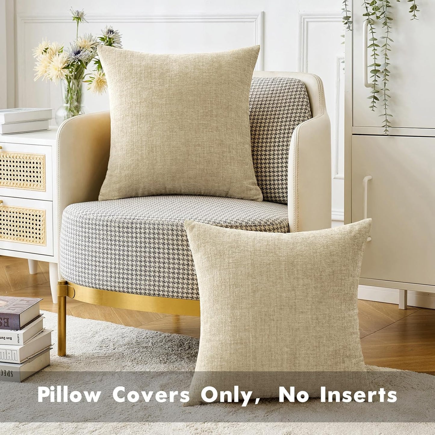 Pack of 2 Beige Throw Pillow Covers 18X18 Inch Soft Chenille Pillow Covers for Sofa Living Room Couch Solid Dyed Cases Not Pillow Inserts