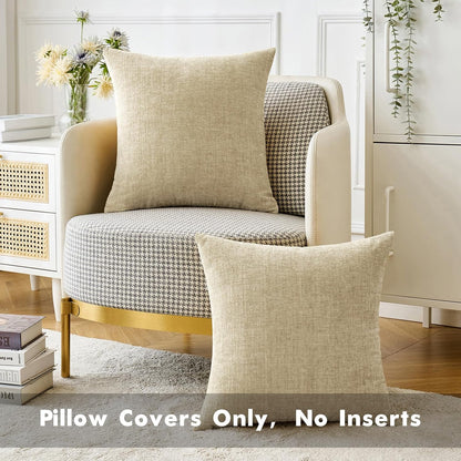 Pack of 2 Beige Throw Pillow Covers 18X18 Inch Soft Chenille Pillow Covers for Sofa Living Room Couch Solid Dyed Cases Not Pillow Inserts