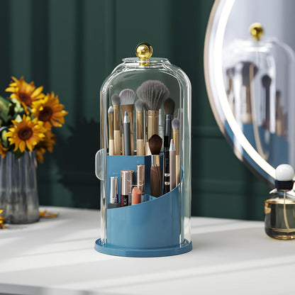 Toothbrush Holders with 360° Smooth Rotating Base, 3 Slots Bathroom Organizer Countertop with Sliding Lid, Brush Toothpaste Holder Makeup Brush Organizer for Vanity, Blue