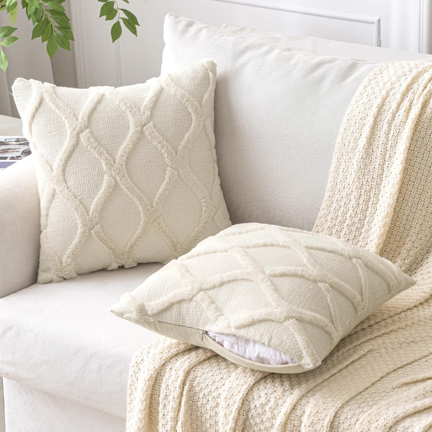 Spring Decorative Throw Pillow Covers Beige 18X18 Inch Set of 2, Soft Plush Faux Wool Couch Cushion Covers Farmhouse Throw Pillows for Couch Bed Sofa Living Room