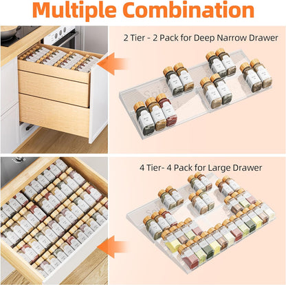 8 Packs Spice Drawer Organizer, 2-Tier Acrylic Drawer Seasoning Organizer, Expandable from 11'' to 22'' Kitchen Spice Rack Organizers and Storage for Drawer (Jars Not Included), Clear