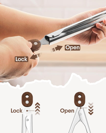 10 & 13 Inch Wooden Tongs for Cooking, Kitchen Stainless Steel Salad Tongs with Walnut Wood Tip, Serving Food Toaster Bread Non Toxic Grill Tong, Smooth Locking & Hanging Cooking Utensils Set