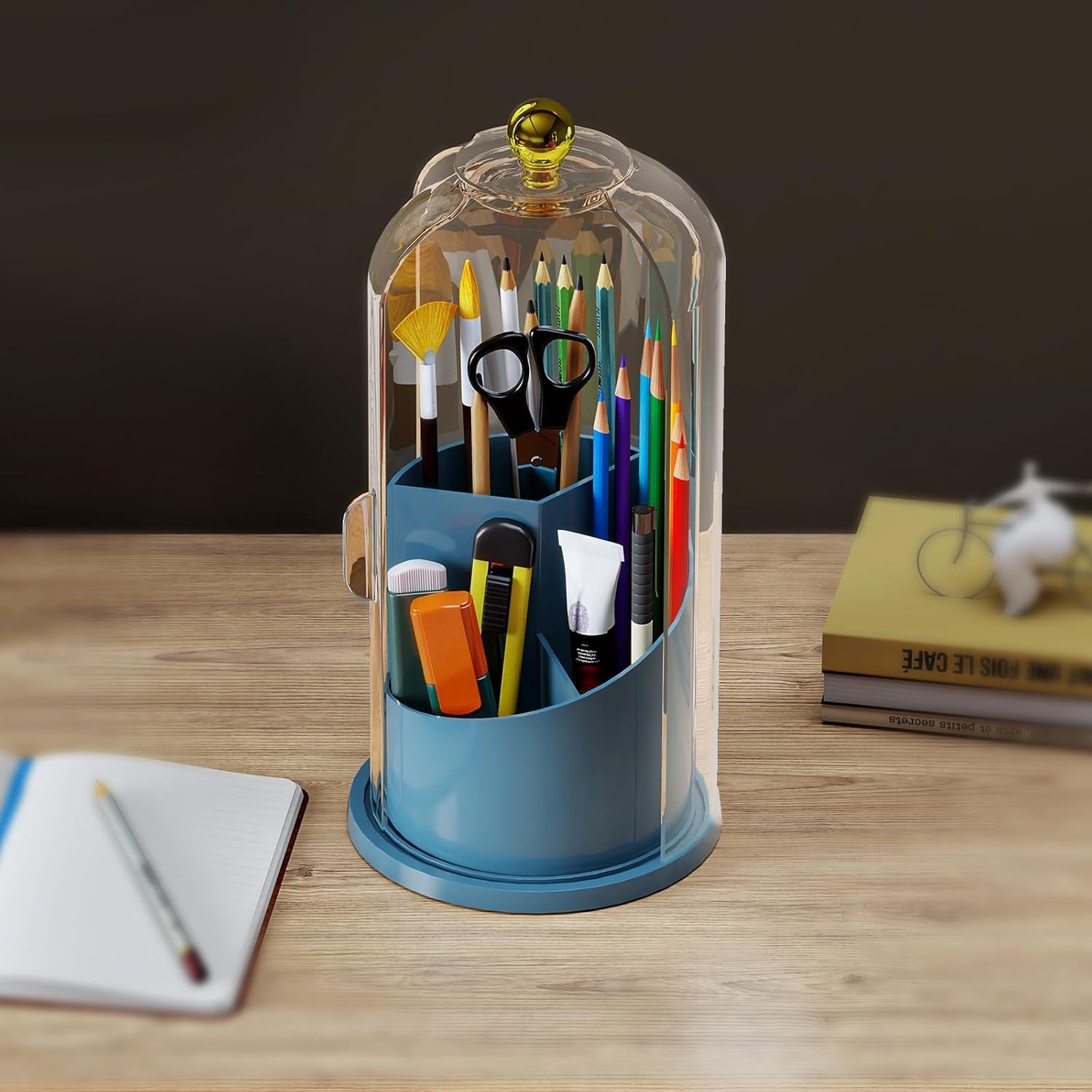 Toothbrush Holders with 360° Smooth Rotating Base, 3 Slots Bathroom Organizer Countertop with Sliding Lid, Brush Toothpaste Holder Makeup Brush Organizer for Vanity, Blue