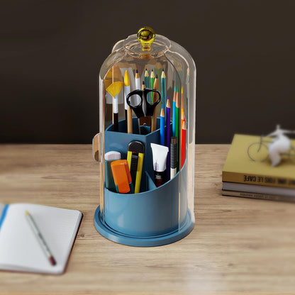 Toothbrush Holders with 360° Smooth Rotating Base, 3 Slots Bathroom Organizer Countertop with Sliding Lid, Brush Toothpaste Holder Makeup Brush Organizer for Vanity, Blue