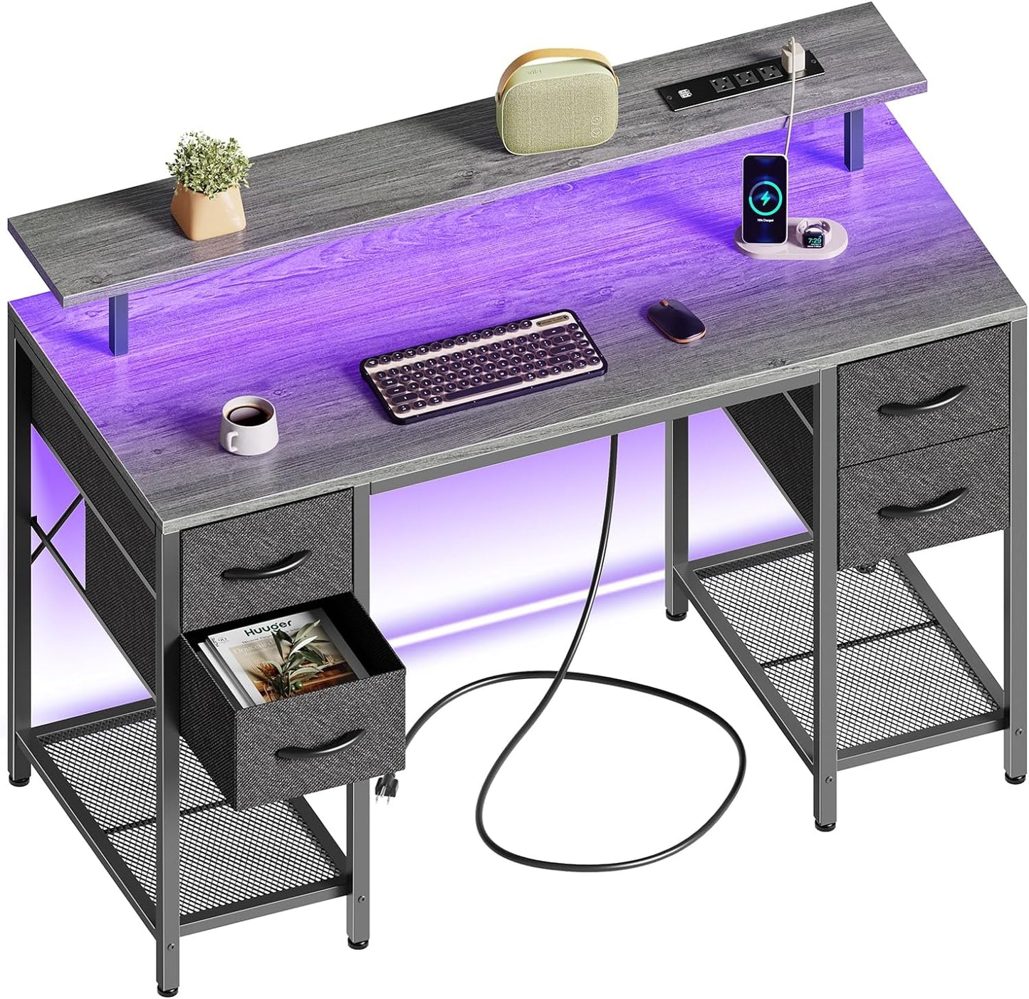 47-Inch Grey Computer Desk with 4 Drawers, LED Lighting, and Power Outlets - Ideal for Home Office and Gaming with Ample Storage Space