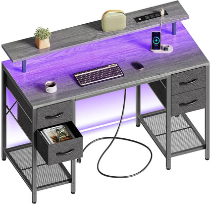 47-Inch Grey Computer Desk with 4 Drawers, LED Lighting, and Power Outlets - Ideal for Home Office and Gaming with Ample Storage Space