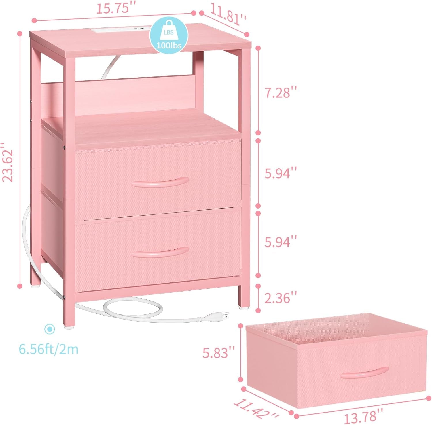 Nightstand with Charging Station, Small Night Stand with Fabric Drawers and Storage Shelf for Bedrooms, Nightstands for Small Spaces, Bedside Table with USB Ports & Outlets Bed Side Table
